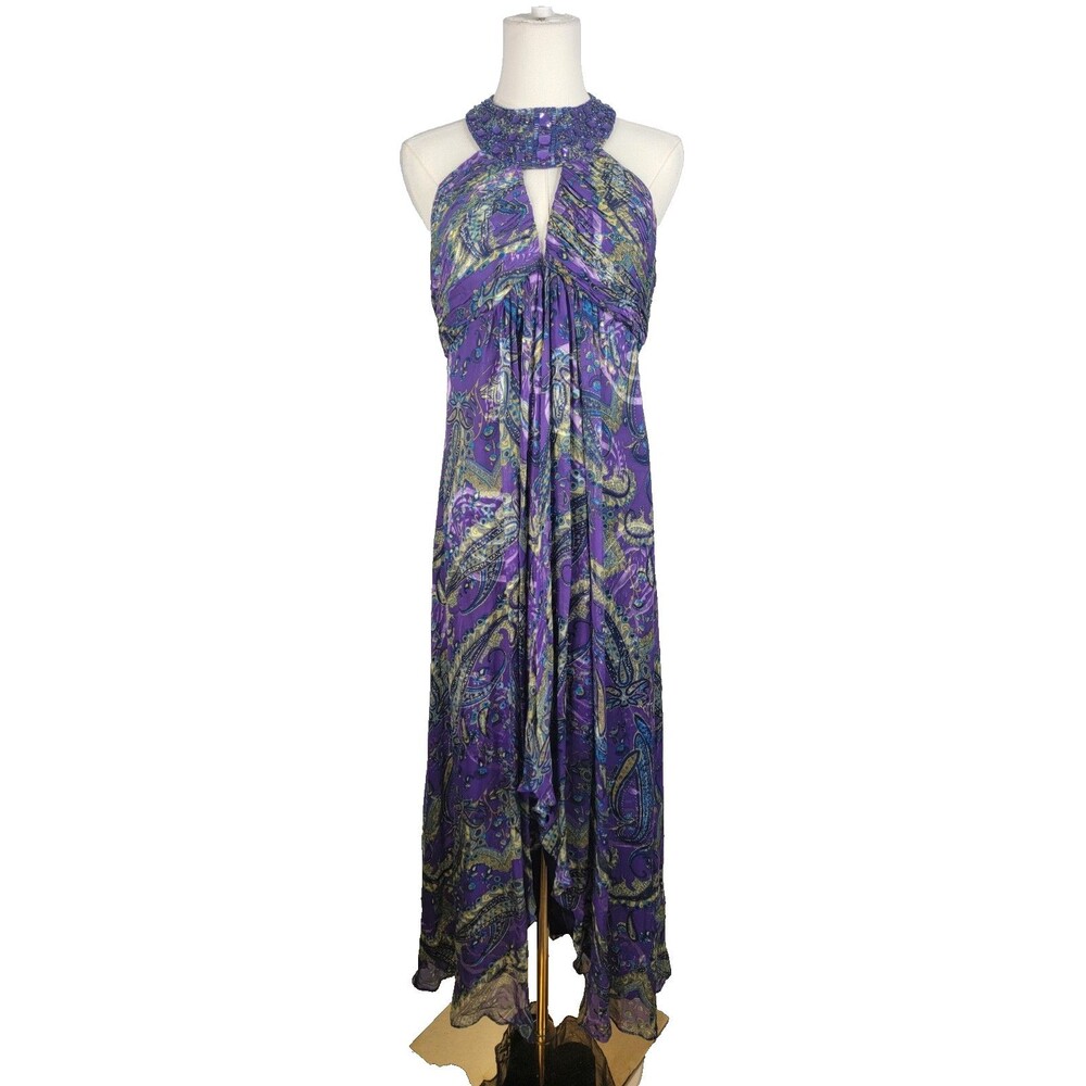 Y2K Cachet Colorful Paisley Silk Dress Beaded Halter Fairycore Plus Size 6